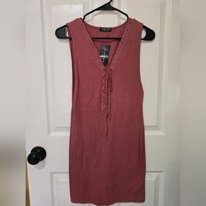 Lace-Up V-Neck Sleeveless Dress in Dusty Rose